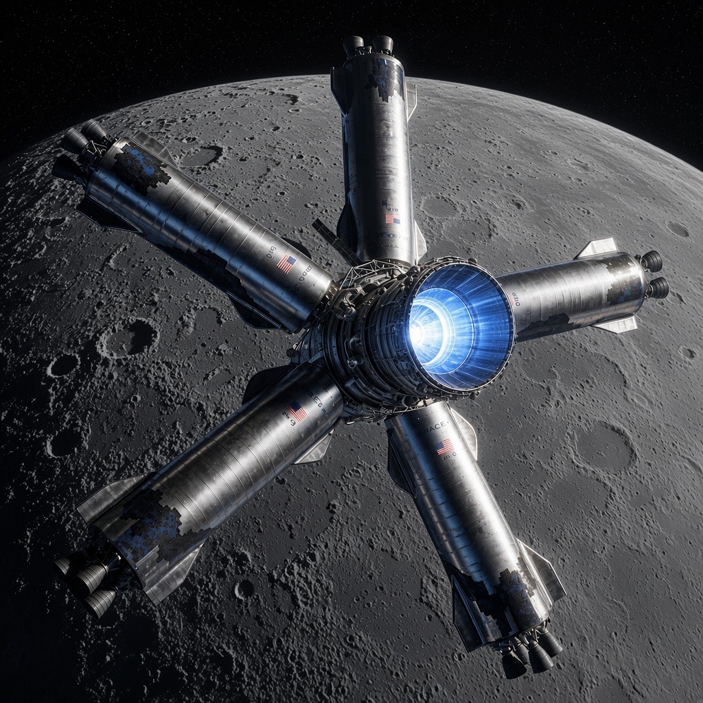 The OAKHEART complex in orbit over the Moon: five reusable ships nose-docked radially around a central hub with a firing engine, above the cratered lunar surface.