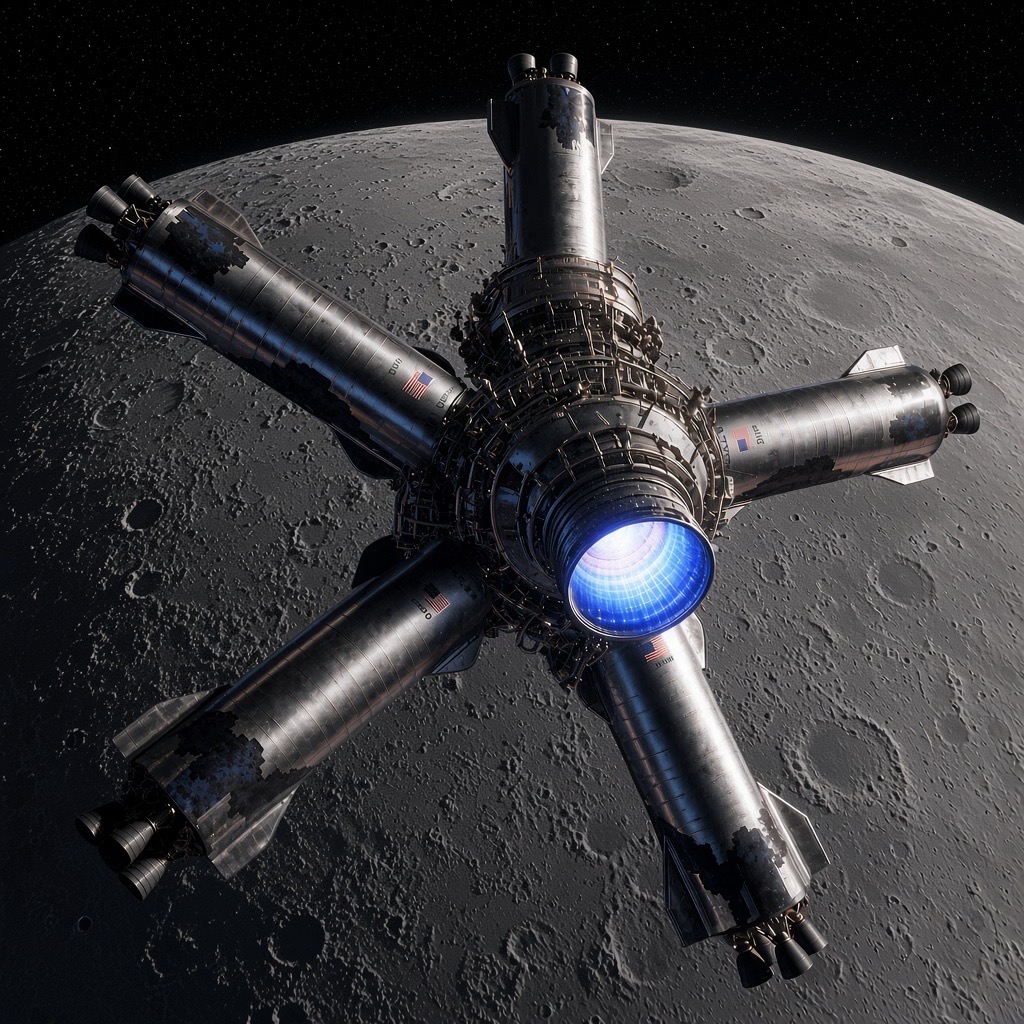 The OAKHEART complex over the Moon: five Starship-class vehicles nose-docked radially around a central hub with a firing engine, above the cratered lunar surface.