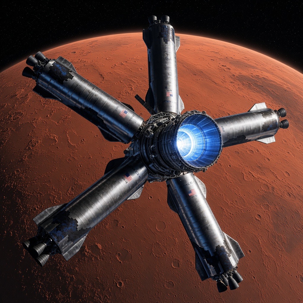 The OAKHEART complex in orbit over Mars: five reusable ships nose-docked radially around a central hub with a firing engine, above the rust-red cratered Martian surface.