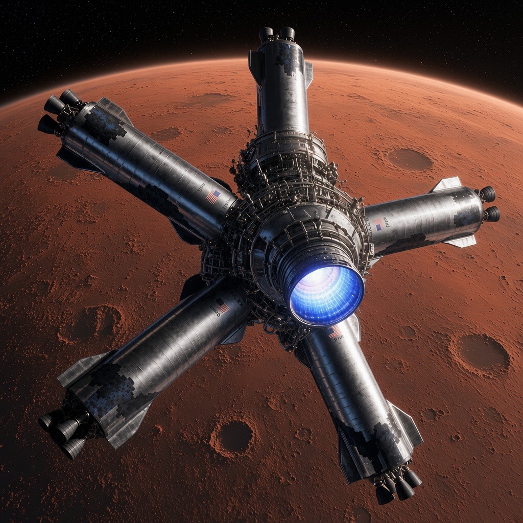 The OAKHEART complex in orbit over Mars: five Starship-class vehicles nose-docked radially around a central hub with a firing engine, above the rust-red cratered Martian surface.